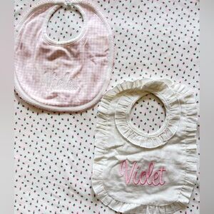 Pink Gingham and White Cotton Baby Bibs with “Violet” Monogram
